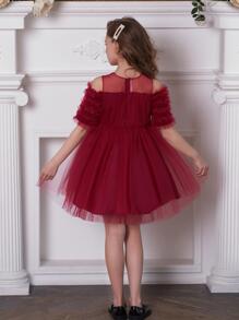 年輕女孩珍珠細節網眼優雅蓬鬆公主表演洋裝適合主持、生日派對、節日、不包括防滑夾