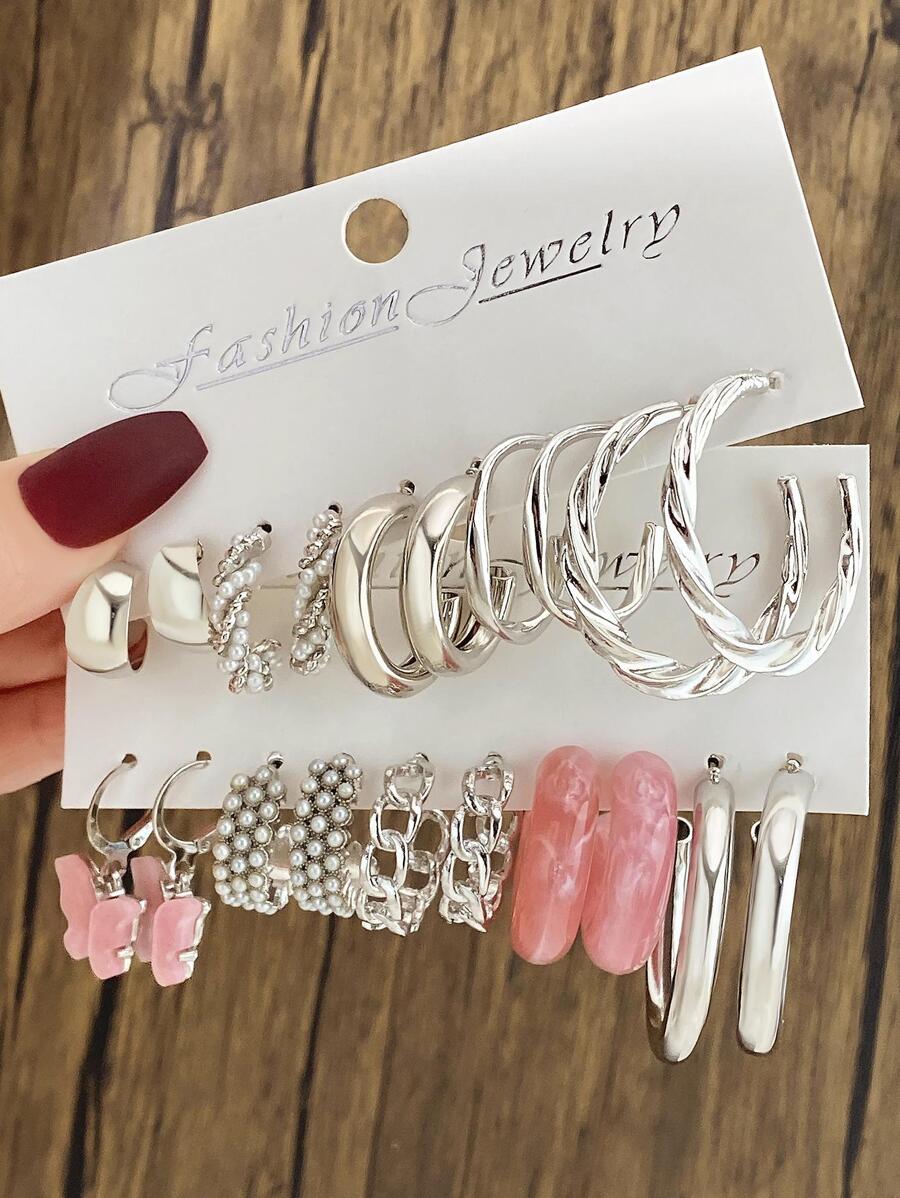 10 Kim loại Của phụ nữ Đơn giản thanh lịch Nhựa Ngọc trai Giả Mặt dây chuyền con bướm Hoa tai Nhiều-mảnh Bộ - Bạc - Xem 1