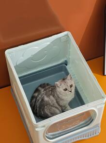 Bandeja para arena para gatos grande completamente cerrada con entrada superior plegable con pala - Celeste - Ver 2