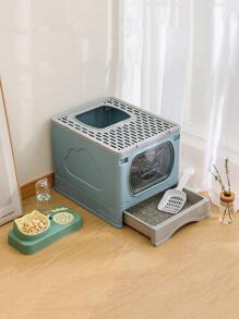 Bandeja para arena para gatos grande completamente cerrada con entrada superior plegable con pala - Celeste - Ver 7