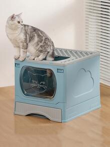 Bandeja para arena para gatos grande completamente cerrada con entrada superior plegable con pala - Celeste - Ver 1