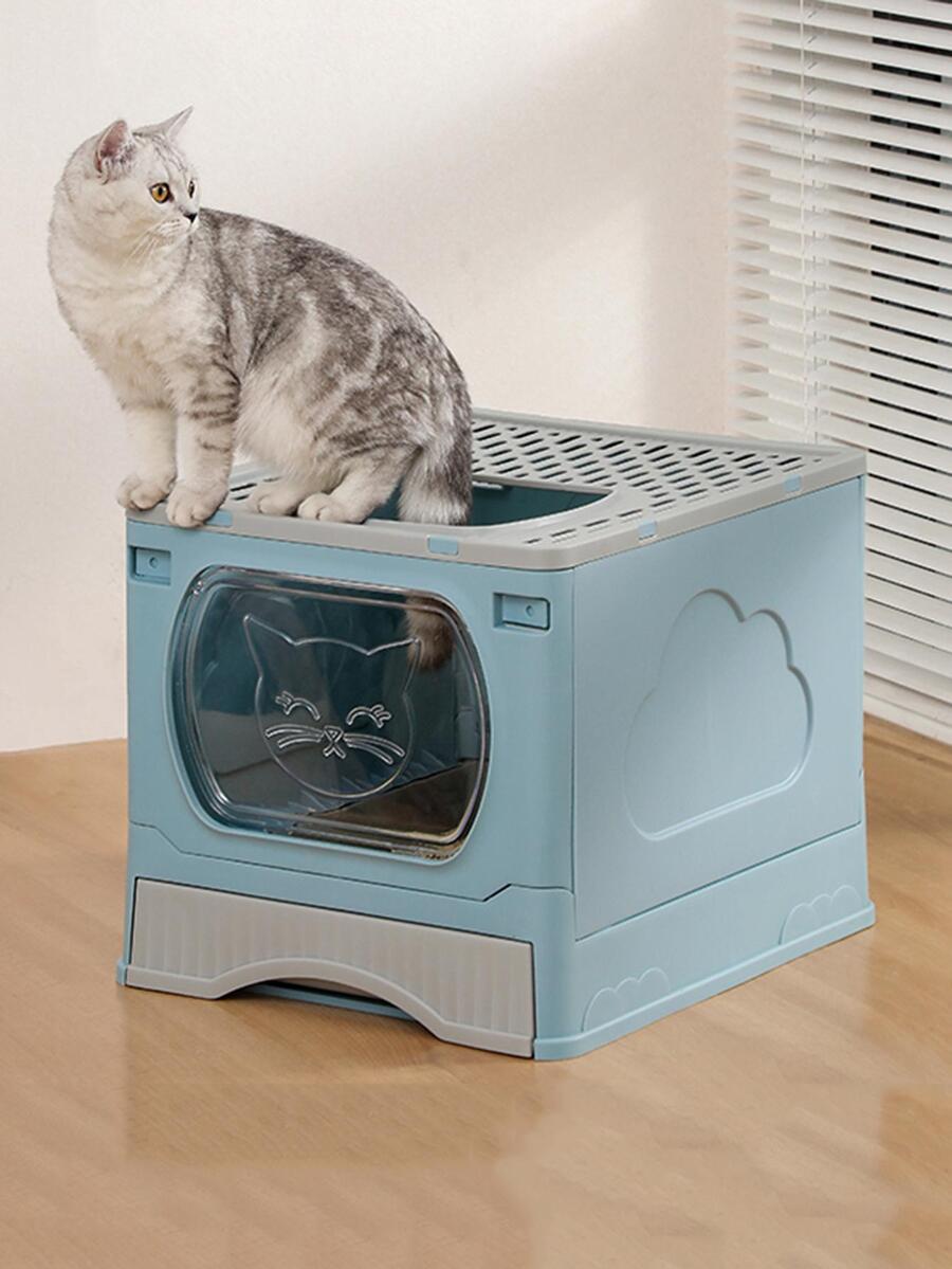 Bandeja para arena para gatos grande completamente cerrada con entrada superior plegable con pala - Celeste - Ver 1