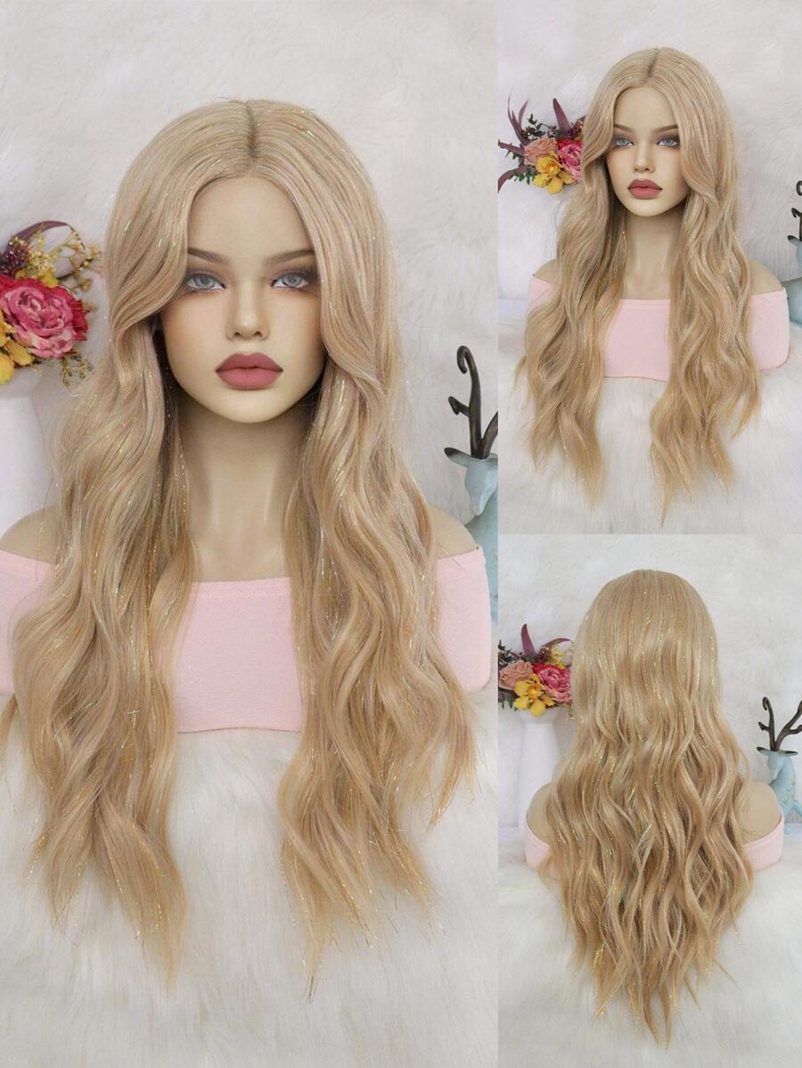 13X5X1T型合成纖維頭髮長款小波浪金發混合彩虹飄帶前蕾絲假髮適合女士女孩28英寸無膠耐熱纖維頭髮看起來自然中間部分預拔毛髮際線130%密度蕾絲假髮適用於日常派對使用&1入組假髮帽