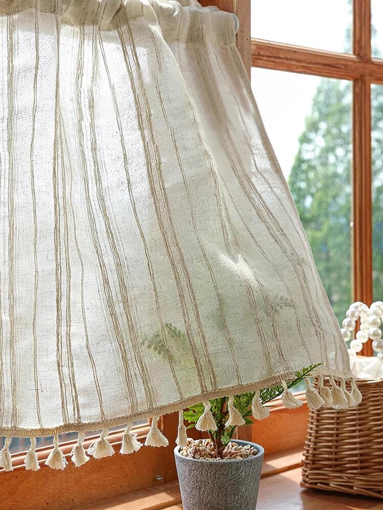 1pc Beige & Coffee Striped Pattern Window Curtain, Japanese Style Minimalist Square Short Curtain With Tassel Design Made Of Polyester Fiber & Polyester Material, Suitable For Living Room, Bedroom, Window, Door And Cabinet Decoration - Multicolor - View 4