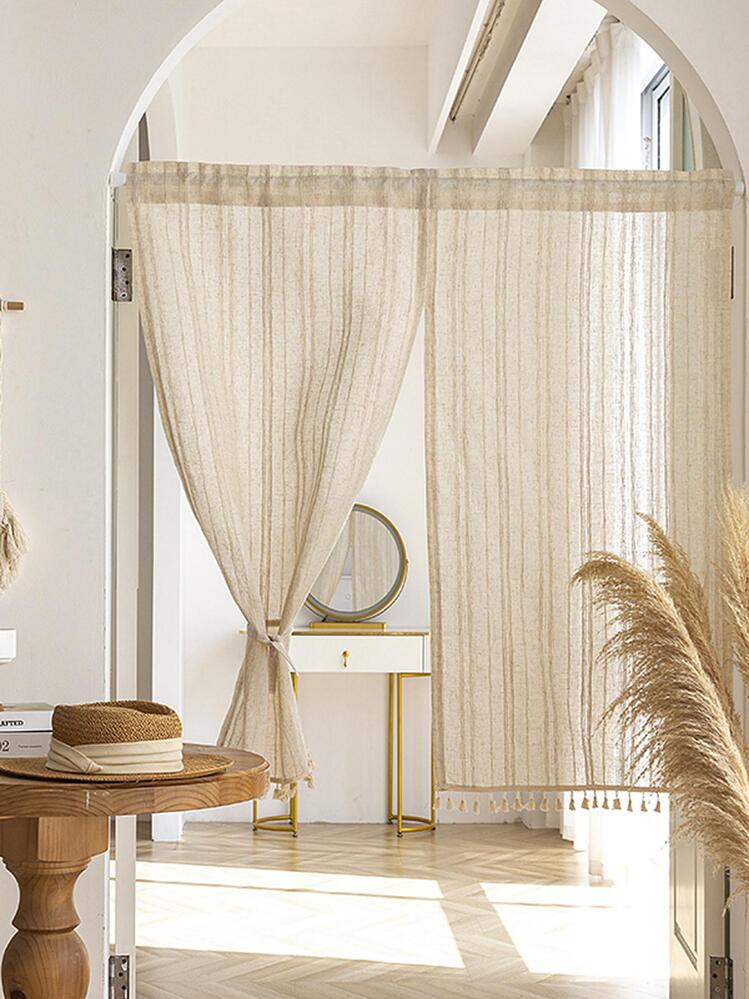 1pc Beige & Coffee Striped Pattern Window Curtain, Japanese Style Minimalist Square Short Curtain With Tassel Design Made Of Polyester Fiber & Polyester Material, Suitable For Living Room, Bedroom, Window, Door And Cabinet Decoration - Multicolor - View 7