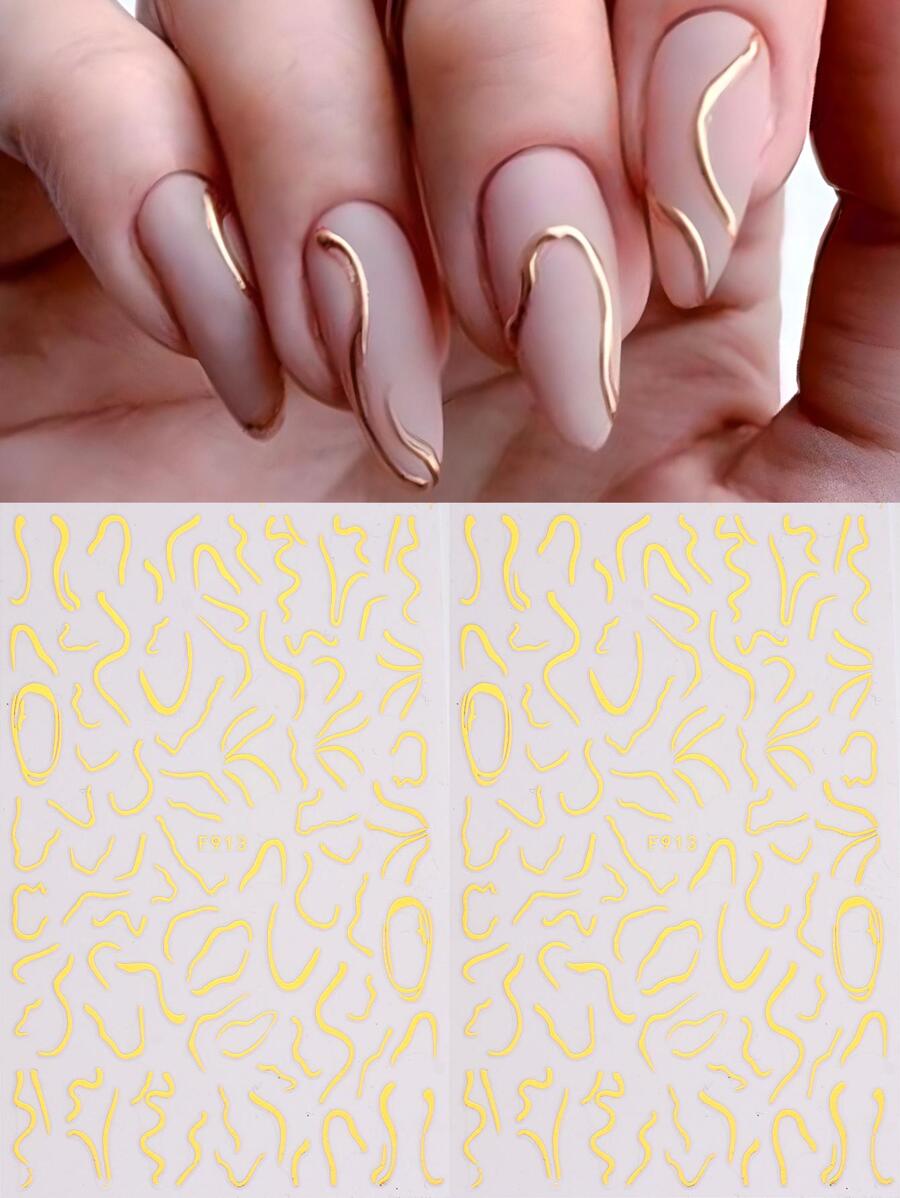 FULL BEAUTY 抽象金属金色美甲贴纸 3 件 3D 不对称线条几何夏季美甲贴花指甲装饰 DIY - 金色 - 查看 1