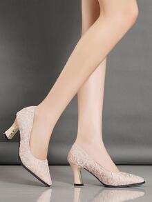 Women Textured Point Toe Chunky Heeled Pumps, Fashionable Light Pink Polyester Court Pumps For Outdoor