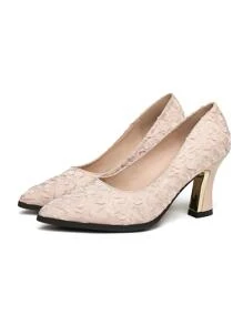 Women Textured Point Toe Chunky Heeled Pumps, Fashionable Light Pink Polyester Court Pumps For Outdoor