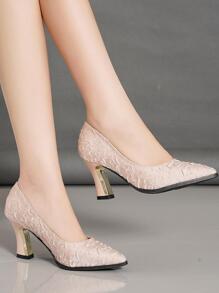 Women Textured Point Toe Chunky Heeled Pumps, Fashionable Light Pink Polyester Court Pumps For Outdoor