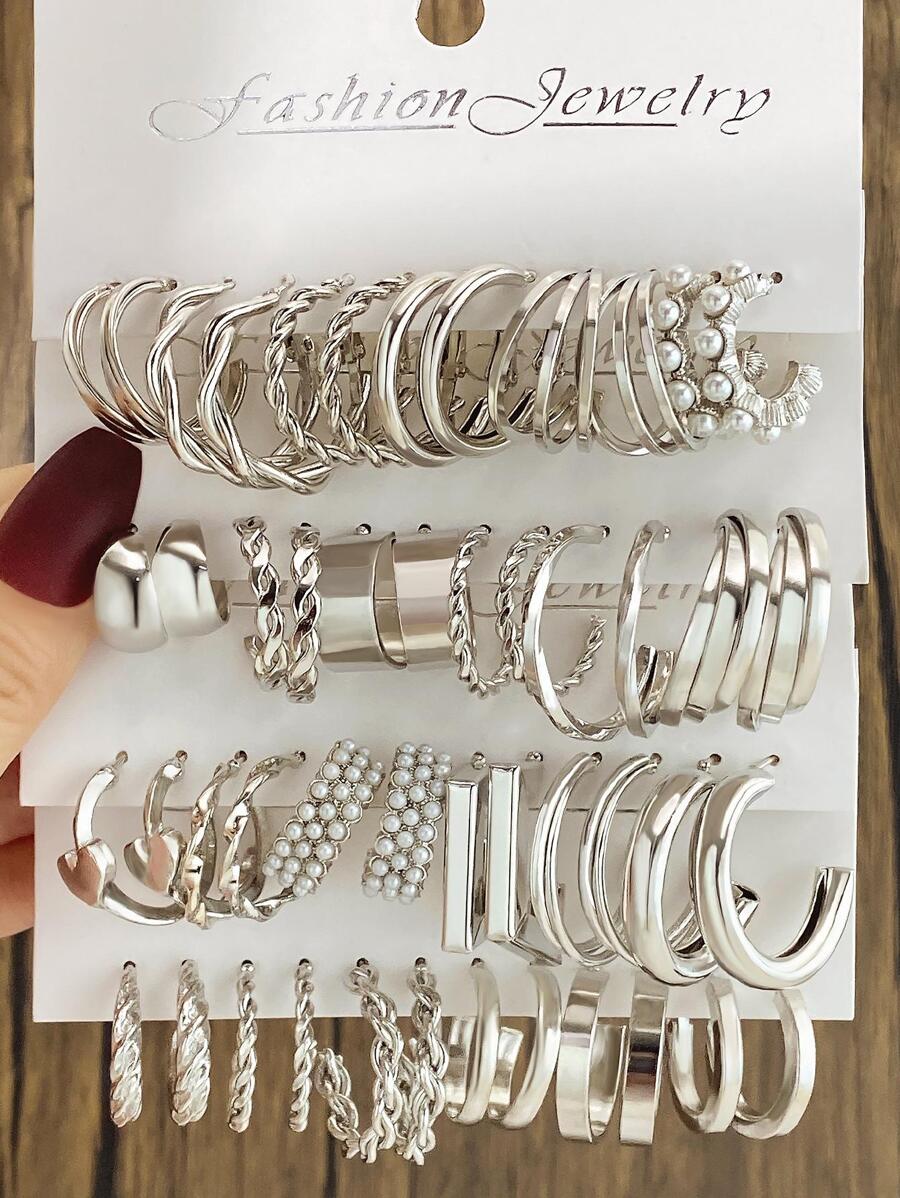 24 Pairs Metallic Boho Elegant Romantic Summer Earrings Set For Women - Silver - View 1