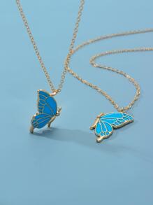2pcs Butterfly Design Best Friend Necklace Set For Women - Blue - View 1