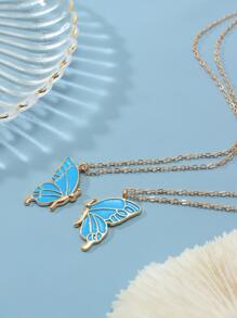 2pcs Butterfly Design Best Friend Necklace Set For Women - Blue - View 5