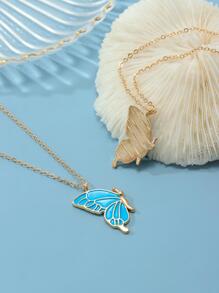 2pcs Butterfly Design Best Friend Necklace Set For Women - Blue - View 4