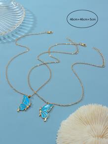 2pcs Butterfly Design Best Friend Necklace Set For Women - Blue - View 3