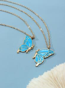 2pcs Butterfly Design Best Friend Necklace Set For Women - Blue - View 2