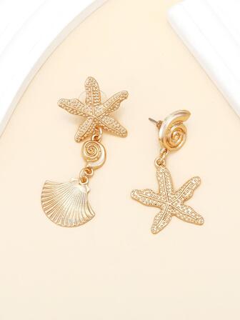 1雙不對稱海灘風格金屬海螺殼&海星形吊墜耳環適合女士,度假配件禮品