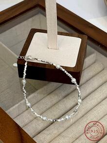 一套 S925 纯银和天然人造珍珠奢华项链和手链，采用独特华丽时尚的设计，珍贵珠宝套装婚礼珠宝新娘珠宝