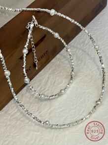 一套 S925 纯银和天然人造珍珠奢华项链和手链，采用独特华丽时尚的设计，珍贵珠宝套装婚礼珠宝新娘珠宝