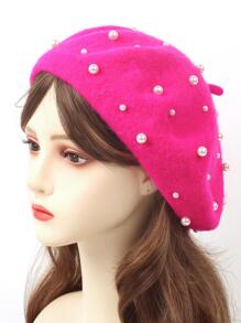 優雅羊毛混紡假珍珠裝點貝雷帽 - 玫紅色 - 查看 1