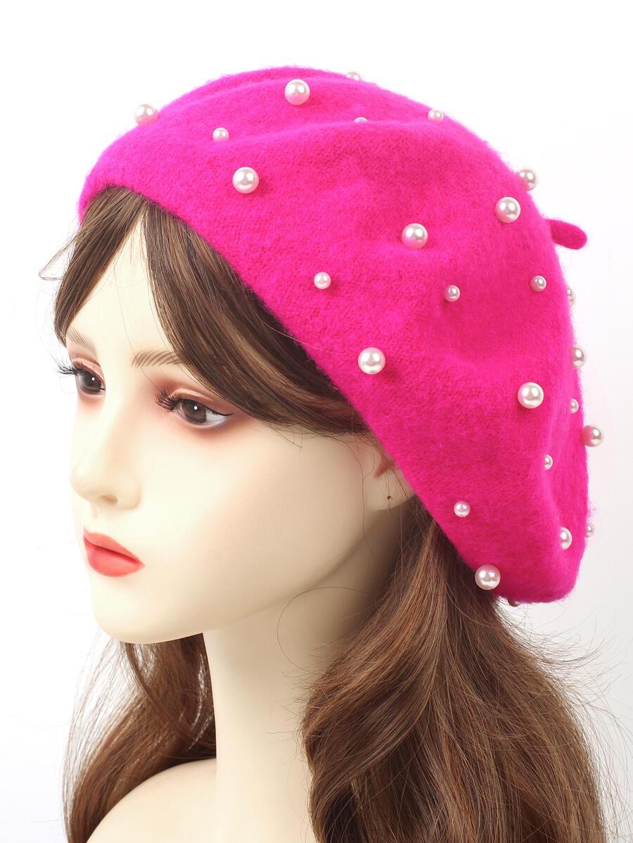 優雅羊毛混紡假珍珠裝點貝雷帽 - 玫紅色 - 查看 1