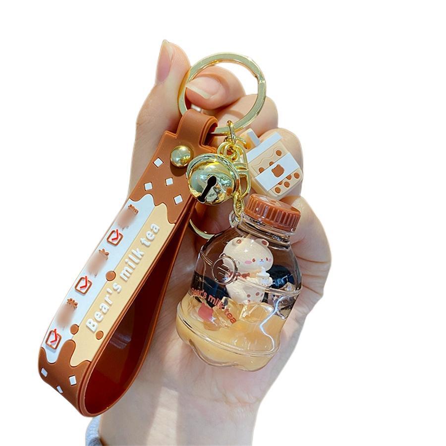 Cartoon Bag Accessory Liquid Sand Pearl Milk Tea Bear Keychain Cute Car Ornament Keyring Pendant Key Chain Charms Cute Stuff - Khaki - View 1