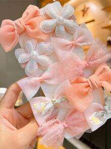 10pcs Girls Bow & Flower Decor Cute Hair Accessory Set For Hair Decoration - Pink - View 2