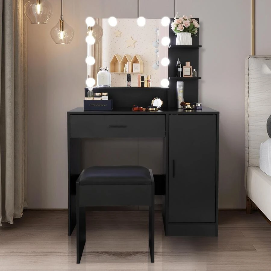 Black Makeup Vanity Table with Cushioned Stool - Black - View 1