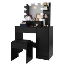 Black Makeup Vanity Table with Cushioned Stool - Black - View 4