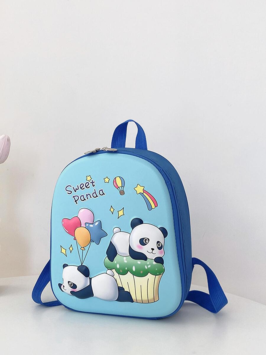 Kids Cartoon Panda & Letter Graphic Zipper Cute Classic Backpack For School - Blue - View 1