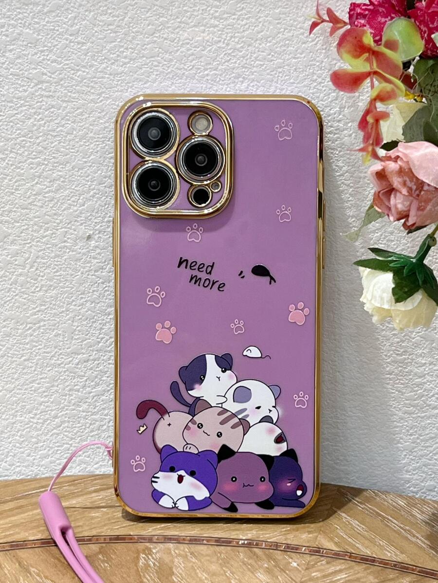 Animal Kitten Cute Cartoon Cat Pattern Phone Case With Lanyard Compatible With IPhone15/15Plus/15Pro/15Promax,International Version, Not The Domestic Version - Purple - View 1
