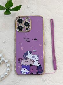 Animal Kitten Cute Cartoon Cat Pattern Phone Case With Lanyard Compatible With IPhone15/15Plus/15Pro/15Promax,International Version, Not The Domestic Version - Purple - View 2