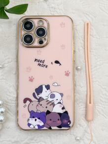 苹果动物小猫可爱粉色卡通猫手机壳，带挂绳，兼容 15/15 Plus/15 Pro/15 Pro Max - 粉色 - 查看 1