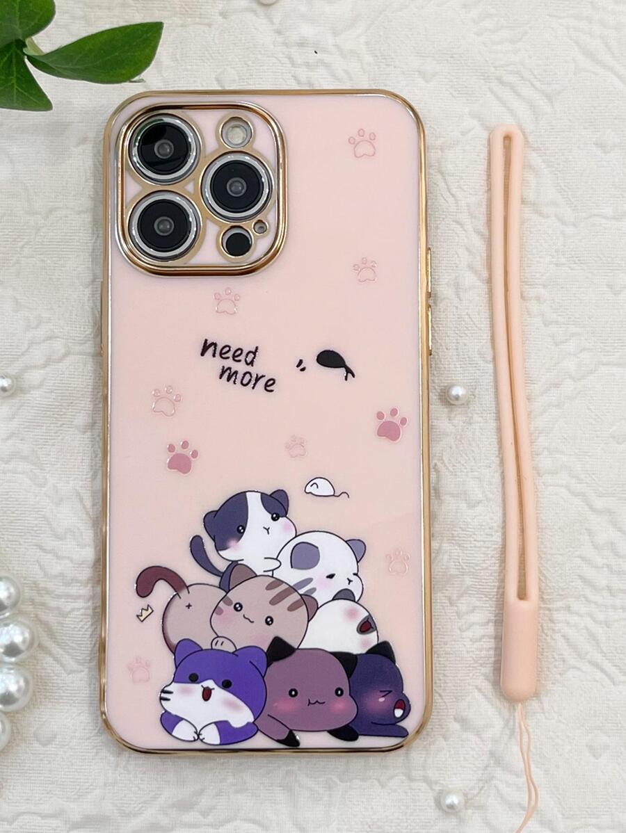 苹果动物小猫可爱粉色卡通猫手机壳，带挂绳，兼容 15/15 Plus/15 Pro/15 Pro Max - 粉色 - 查看 1