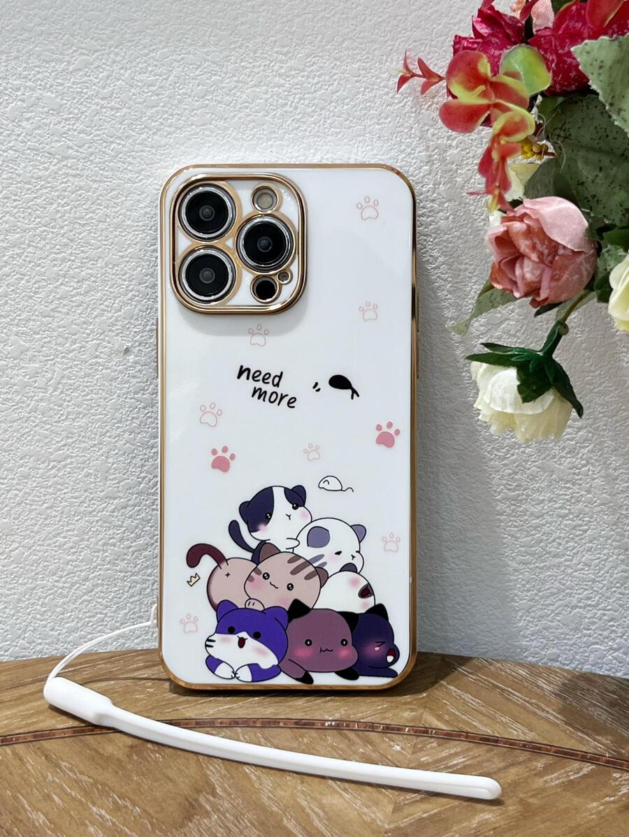 Cartoon Cat Print Phone Case With Lanyard Compatible With IPhone15/15Plus/15Pro/15Promax,International Version, Not The Domestic Version - White - View 1