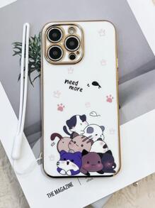 Cartoon Cat Print Phone Case With Lanyard Compatible With IPhone15/15Plus/15Pro/15Promax,International Version, Not The Domestic Version - White - View 3