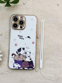 Cartoon Cat Print Phone Case With Lanyard Compatible With IPhone15/15Plus/15Pro/15Promax,International Version, Not The Domestic Version - White - View 2