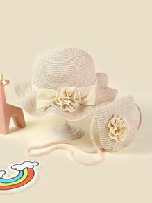 Kids Flower & Bow Decor Bohemian Straw Hat & Straw Bag For Vacation - Pink - View 1