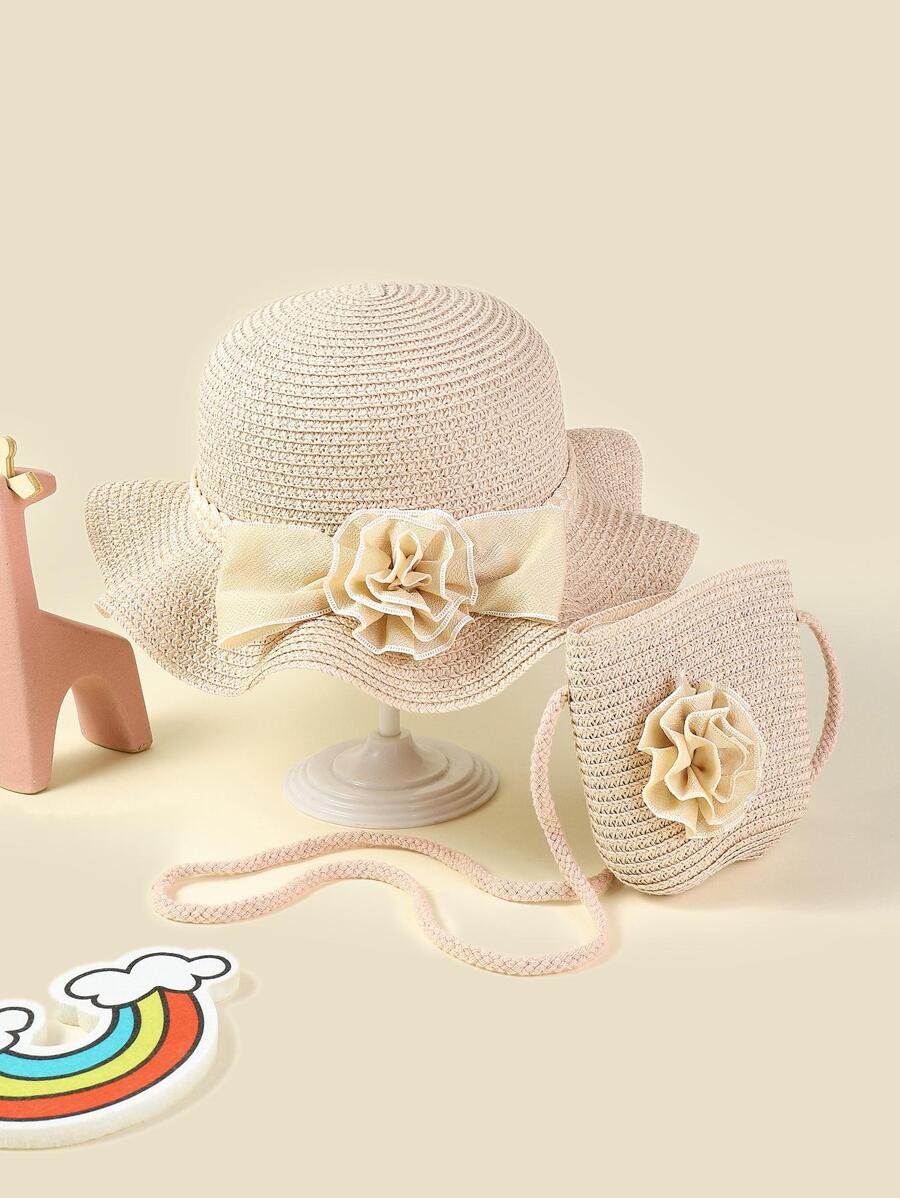 Kids Flower & Bow Decor Bohemian Straw Hat & Straw Bag For Vacation - Pink - View 1