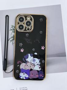 Cartoon Cat Pattern Phone Case With Lanyard Compatible With IPhone15/15Plus/15Pro/15Promax,International Version, Not The Domestic Version - Black - View 2