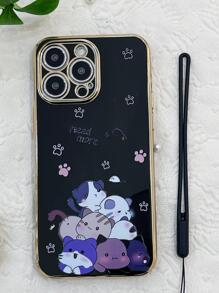 Cartoon Cat Pattern Phone Case With Lanyard Compatible With IPhone15/15Plus/15Pro/15Promax,International Version, Not The Domestic Version - Black - View 3