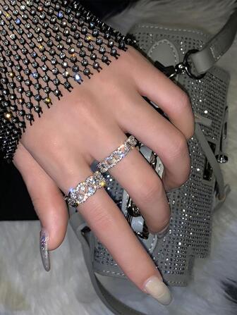 2入組鑲嵌方晶鋯石華麗手指環適合女士情侶週年紀念日婚禮派對首飾類禮物