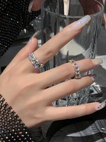 2 Chiếc Khảm Đá Cubic Zirconia Tuyệt Đẹp Ngón Tay Cho Nữ, Nhẫn Nữ Cặp Đôi Kỷ Niệm Trang Sức Dự Tiệc Cưới Quà Tặng - Bạc - Xem 6