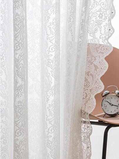 1pc Pastoral Romantic Sheer Lace Beaded Curtain, Decorative Voile For Bedroom Or Living Room