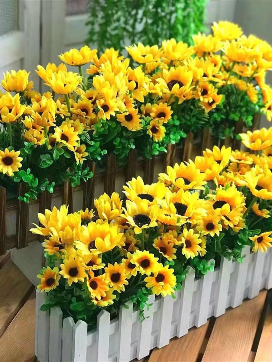 1 PC 6 Đầu Nhựa Hoa Hướng Dương Nhân Tạo Hoa Cưới Cảnh Nhà Ngoài Trời Sân Cắm Hoa Trang Trí - Màu vàng - Xem 1