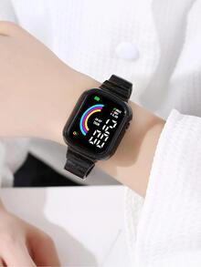 Led創意彩虹圖案表盤電子表,男女兼用學生手錶 - 黑色 - 查看 3