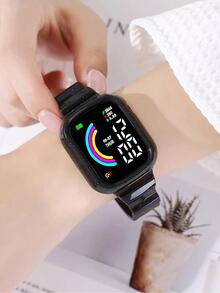 Led創意彩虹圖案表盤電子表,男女兼用學生手錶 - 黑色 - 查看 2