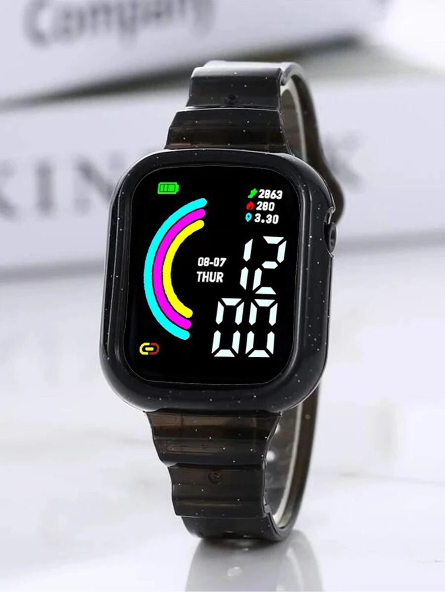 Led創意彩虹圖案表盤電子表,男女兼用學生手錶 - 黑色 - 查看 1