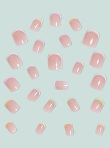 Upgrade Your Look With 24pcs Pastel Rainbow French Short Square Full Cover Fake Nail Kit Press On Nails Nail Supplies - Multicolor - View 3