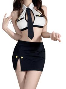 1set Tie Decor Secretary Cosplay Sexy Cloth - Black - View 4