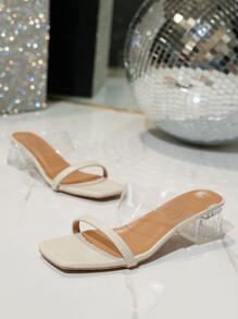 時尚水晶高跟鞋拖鞋帶透明帶適合女士度假 - 米色 - 查看 2